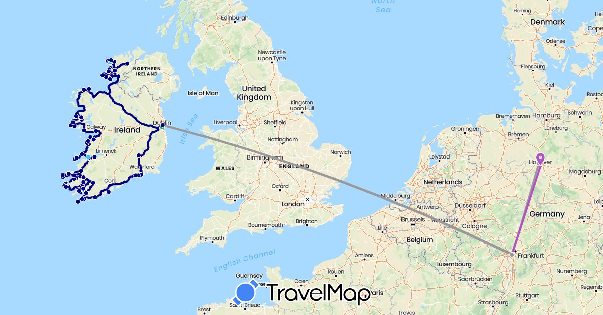 TravelMap itinerary: driving, bus, plane, train, boat, walking in Germany, Ireland (Europe)
