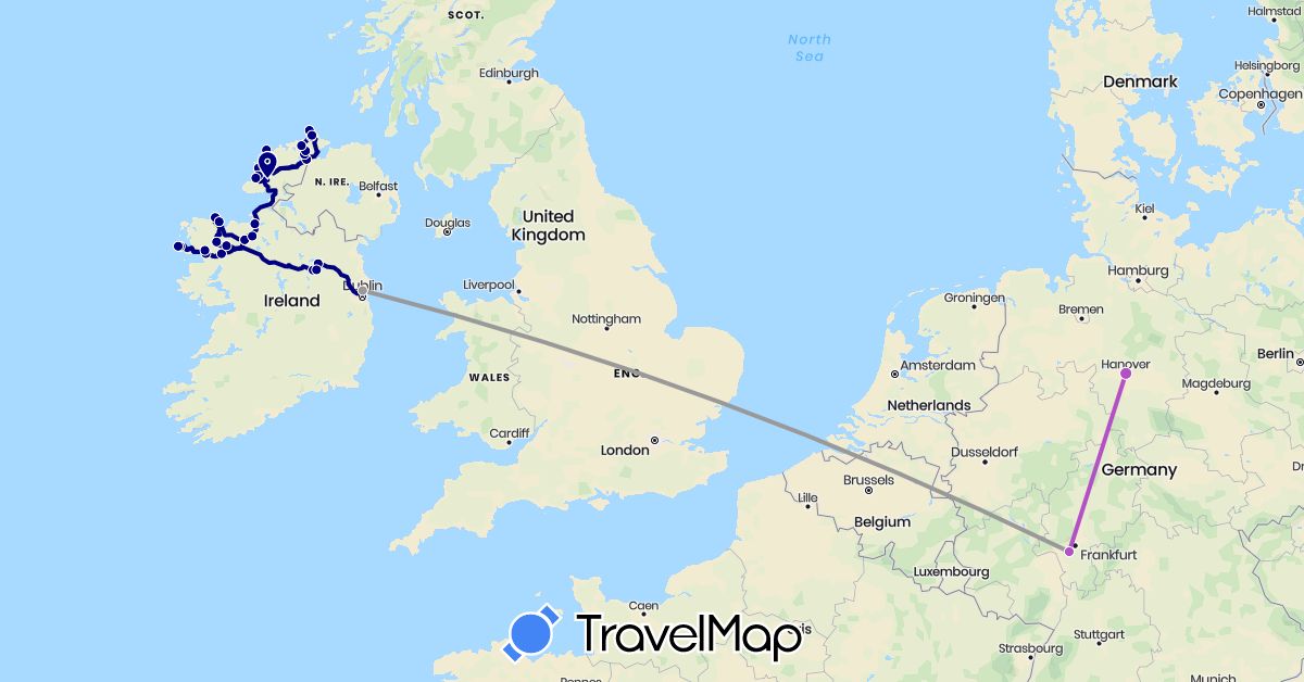 TravelMap itinerary: driving, plane, train in Germany, Ireland (Europe)